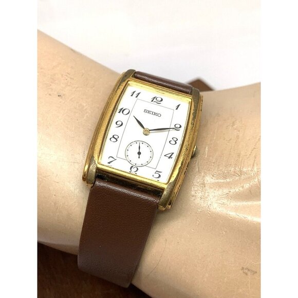 Seiko Men's Watch 7N07-5019 Tank Vintage Quartz White Dial Gold Brown Leather - Picture 5 of 13